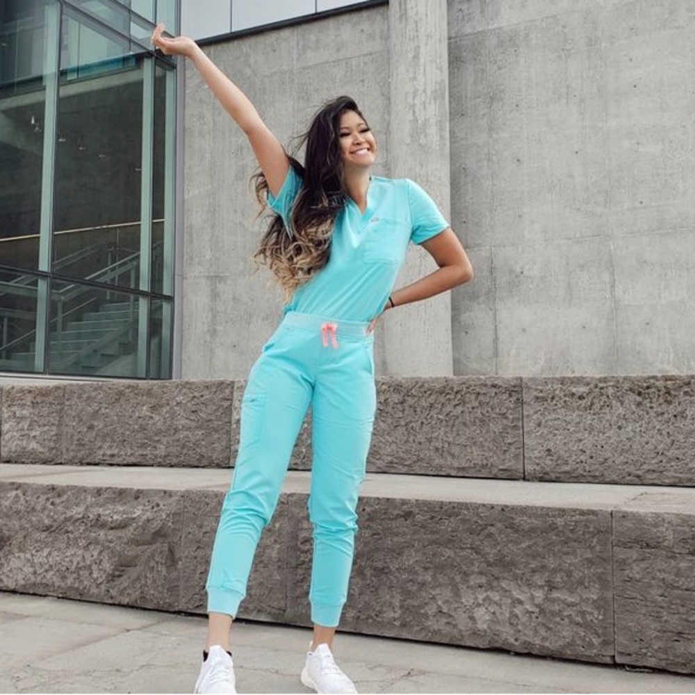 mint blue figs scrub top